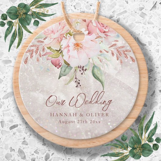 エレガントなピンクのローズ牡丹の花の大理石の結婚式 フェイバータグ