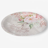 エレガントなピンクのローズ牡丹の花の大理石の結婚式 ペーパープレート (アングル)