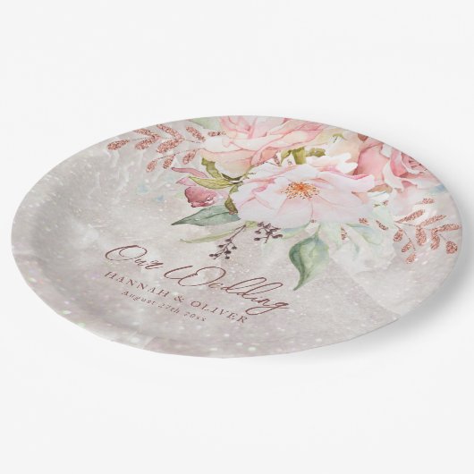 エレガントなピンクのローズ牡丹の花の大理石の結婚式 ペーパープレート (アングル)