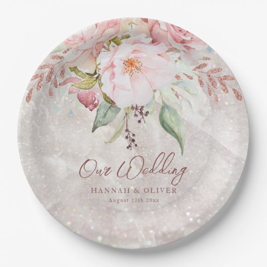 エレガントなピンクのローズ牡丹の花の大理石の結婚式 ペーパープレート (正面)