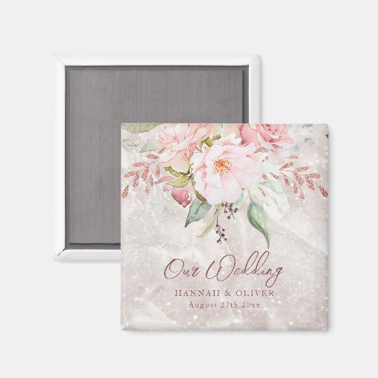 エレガントなピンクのローズ牡丹の花の大理石の結婚式 マグネット (正面/裏面)