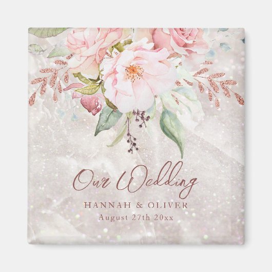 エレガントなピンクのローズ牡丹の花の大理石の結婚式 マグネット (正面)