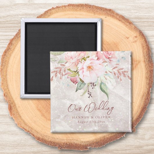 エレガントなピンクのローズ牡丹の花の大理石の結婚式 マグネット