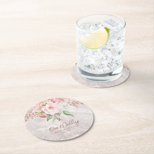 エレガントなピンクのローズ牡丹の花の大理石の結婚式 ラウンドペーパーコースター (インサイチュ)