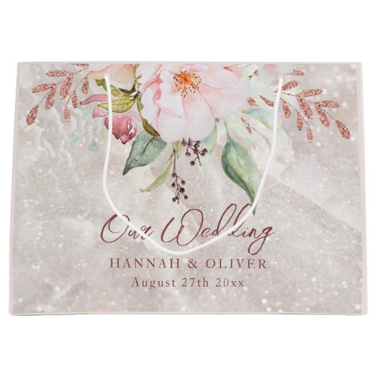 エレガントなピンクのローズ牡丹の花の結婚式の贈り物 ラージペーパーバッグ (正面)