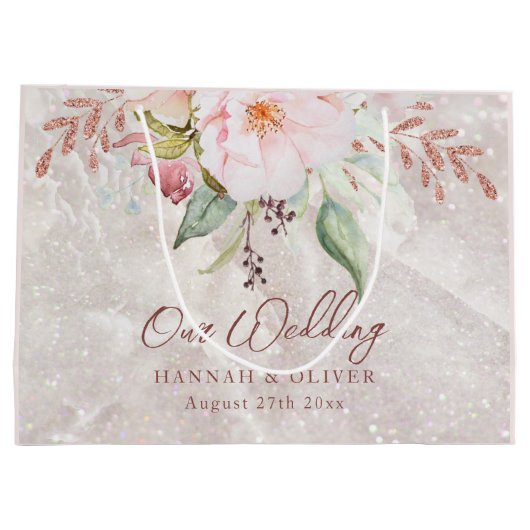 エレガントなピンクのローズ牡丹の花の結婚式の贈り物 ラージペーパーバッグ (裏面)