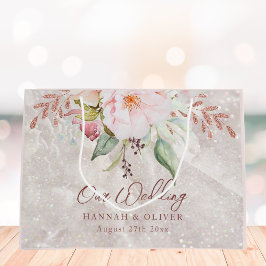 エレガントなピンクのローズ牡丹の花の結婚式の贈り物 ラージペーパーバッグ