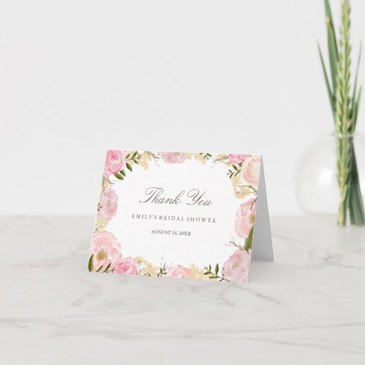 エレガントなピンクのローズ ブライダルシャワーの感謝カード サンキューカード (正面)