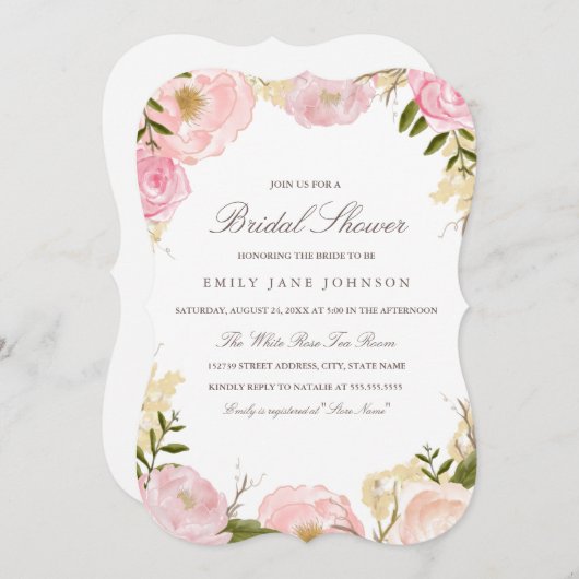 エレガントなピンクのローズ ブライダルシャワーの招待状 招待状 (正面/裏面)