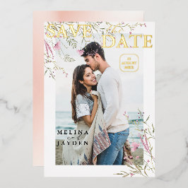エレガントなピンクのワイルドフラワー ウェディング セーブ・ザ・デート 箔招待状