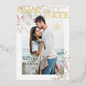 エレガントなピンクのワイルドフラワー ウェディング セーブ・ザ・デート 箔招待状 (正面)