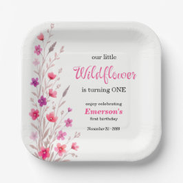 エレガントなピンクのワイルドフラワー 1歳の誕生日パーティー ペーパープレート