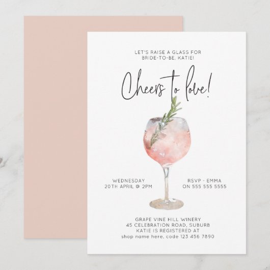 エレガントなピンクのワインチェアーズ・トゥ・ラブ ブライダルシャワー 招待状 (正面/裏面)