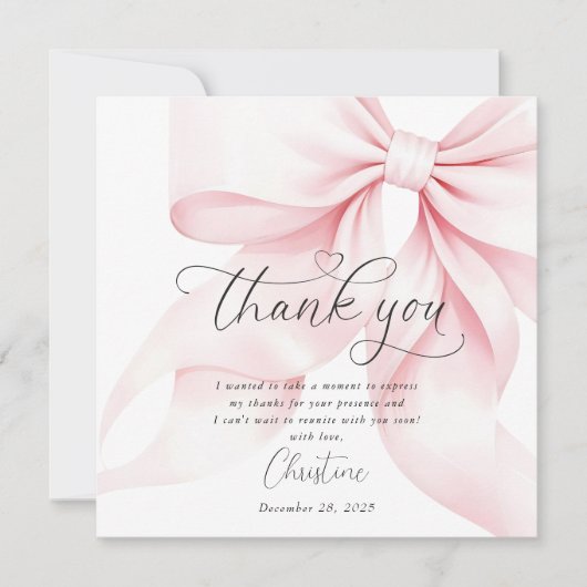 エレガントなピンクの弓のウェディングシャワーの感謝カード サンキューカード (正面)