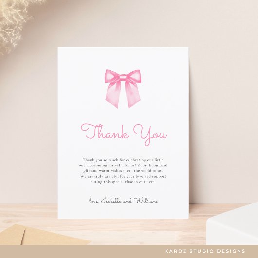 エレガントなピンクの弓のベイビーシャワーの感謝 ポストカード