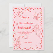エレガントなピンクの手描きのブライズメイド提案カード 招待状 (正面)