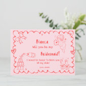 エレガントなピンクの手描きブライズメイド提案カード 招待状 (スタンド正面)
