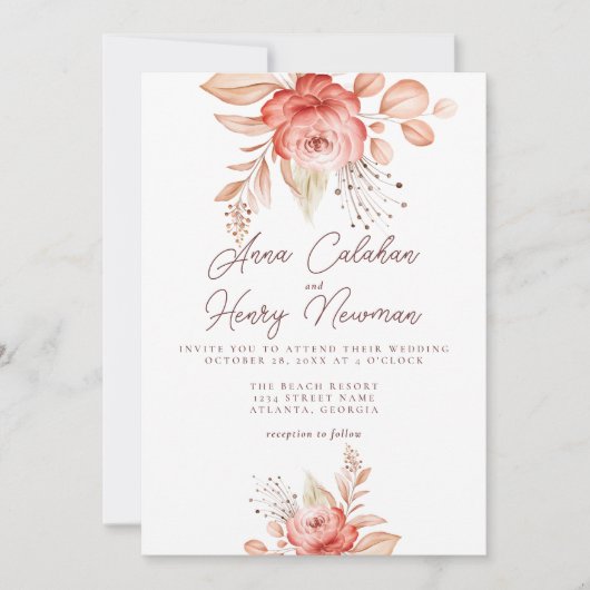 エレガントなピンクの桃の水彩画のバラと葉のウェディング 招待状 (正面)
