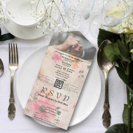 エレガントなピンクの桃の水彩花QRコード写真 オールインワン招待状