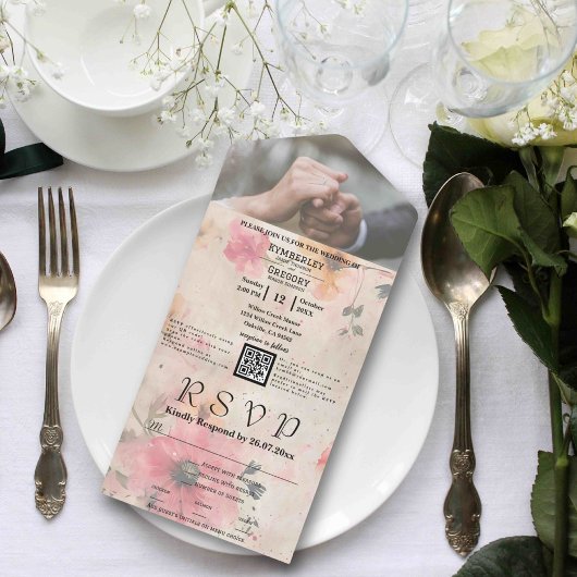 エレガントなピンクの桃の水彩花QRコード写真 オールインワン招待状