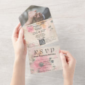 エレガントなピンクの桃の水彩花QRコード写真 オールインワン招待状 (貼ってはがせる)