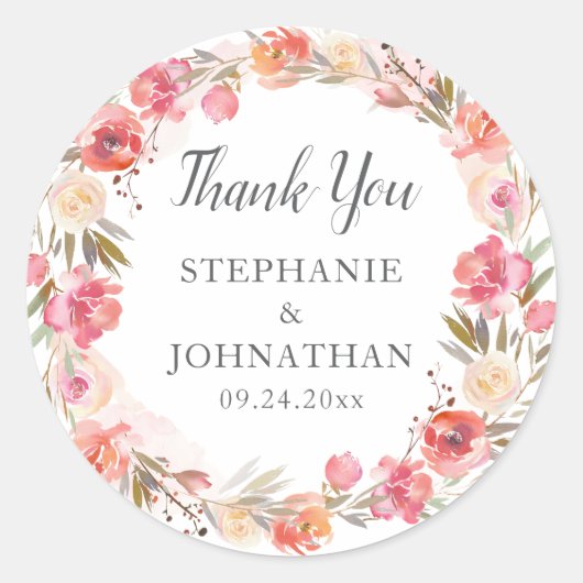 エレガントなピンクの桃の花の水彩感謝カード ラウンドシール (正面)