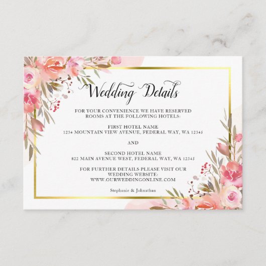 エレガントなピンクの桃の花の水彩画 ゴールドのディテール エンクロージャーカード (正面)