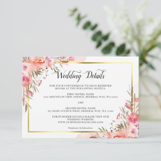 エレガントなピンクの桃の花の水彩画 ゴールドのディテール エンクロージャーカード (スタンド正面)