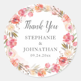 エレガントなピンクの桃の花の水彩　ありがとうございます ラウンドシール