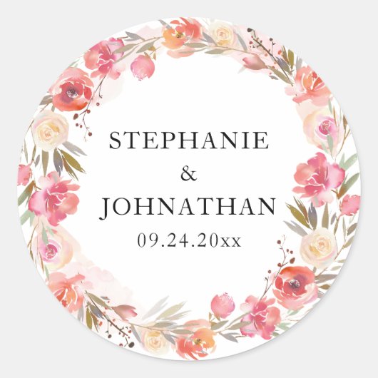 エレガントなピンクの桃の花の水彩 ラウンドシール (正面)