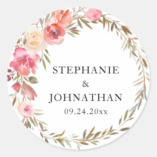 エレガントなピンクの桃の花の水彩 ラウンドシール (正面)