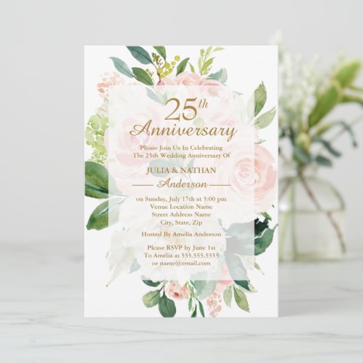 エレガントなピンクの桃の花 25周年記念 結婚式 招待状 (スタンド正面)