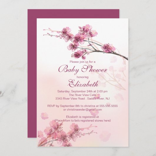 エレガントなピンクの桜の花のベビーシャワー 招待状 (正面/裏面)