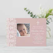 エレガントなピンクの梅と白のダマスク 洗礼招待状 招待状 (スタンド正面)