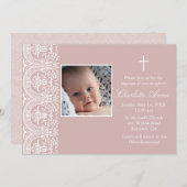 エレガントなピンクの梅と白のダマスク 洗礼招待状 招待状 (正面/裏面)