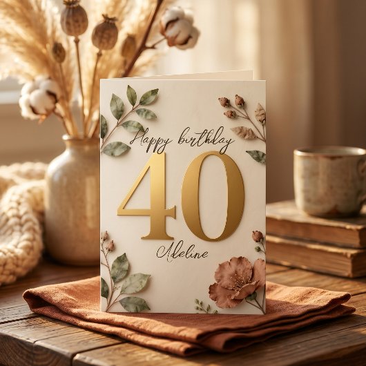 エレガントなピンクの植物風モチーフとゴールドの40歳の誕生日 カード