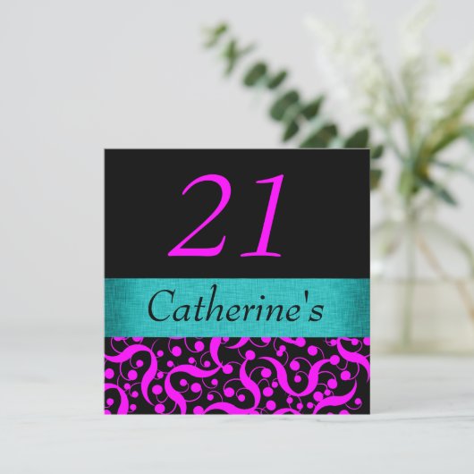 エレガントなピンクの水の黒年齢のお祝い 招待状 (スタンド正面)