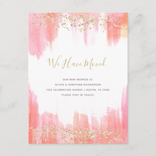 エレガントなピンクの水彩とゴールド | 新しい住所 案内ポストカード (正面)