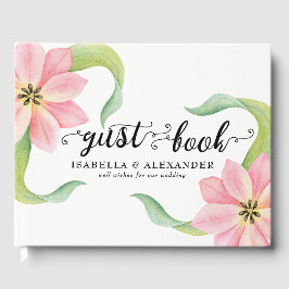エレガントなピンクの水彩チューリップ ウェディングゲストブック ゲストブック