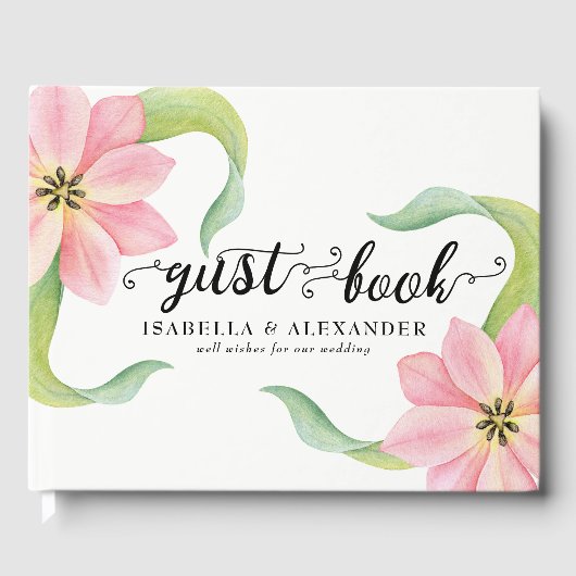 エレガントなピンクの水彩チューリップ ウェディングゲストブック ゲストブック (正面)