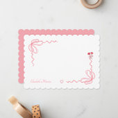 エレガントなピンクの水彩ボウ　パーソナライズド ノートカード (正面/裏面インサイチュ)