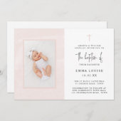 エレガントなピンクの水彩ミニマル写真 洗礼 招待状 (正面/裏面)