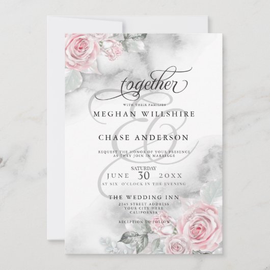 エレガントなピンクの水彩ローズ 招待状 (正面)