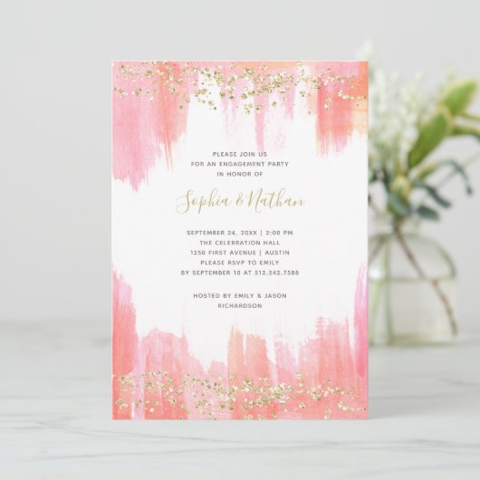 エレガントなピンクの水彩画および金ゴールドの婚約パーティ 招待状 (スタンド正面)