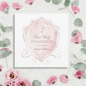エレガントなピンクの水彩画の紋章 ファースト・コミュニオン 招待状