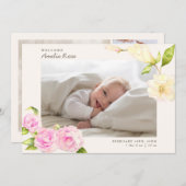 エレガントなピンクの水彩画の花の誕生の発表 招待状 (正面/裏面)