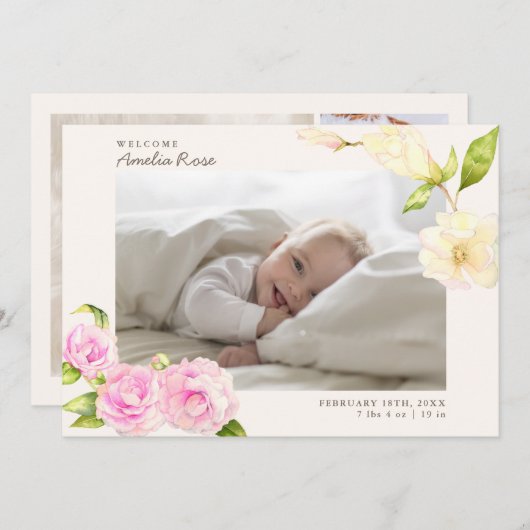 エレガントなピンクの水彩画の花の誕生の発表 招待状 (正面/裏面)