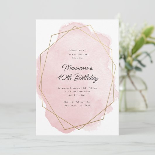 エレガントなピンクの水彩画 どんな年齢の誕生日にも 招待状 (スタンド正面)