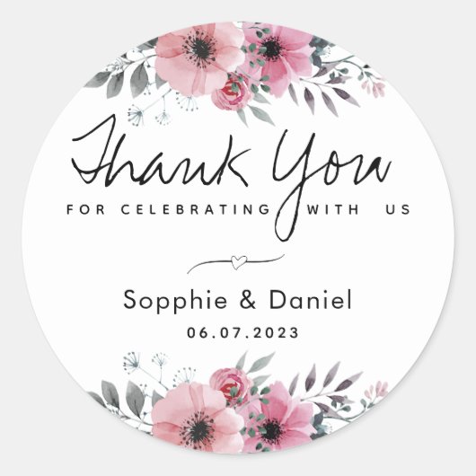 エレガントなピンクの水彩花のサンキュー ラウンドシール (正面)