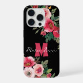 エレガントなピンクの水彩花柄 カスタムネーム ブラック iPhoneケース (裏面)
